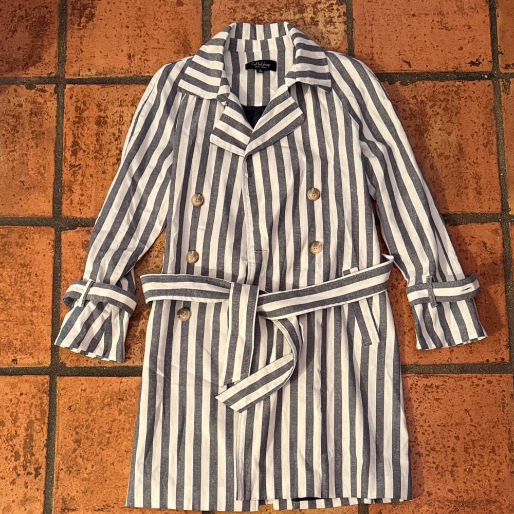 Striped Double-Breasted Trench Coat in Navy and White